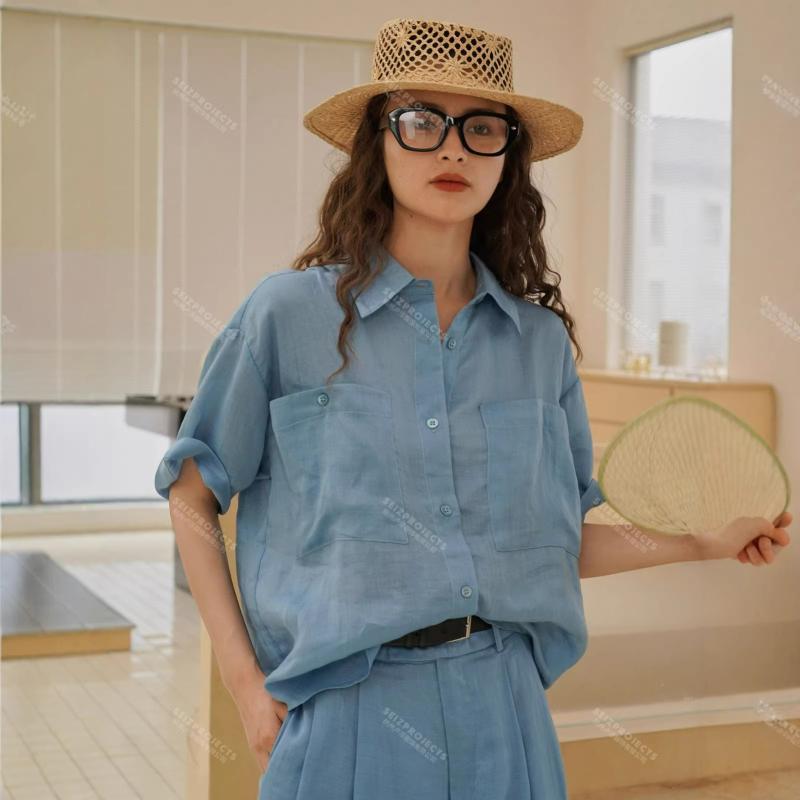 ?衫 レディース 夏物 ?麻 防晒 ?衫 ?松 ?・覧 干爽 舒・疔 上張り 女 天? 莱?? ?麻 ?色 五分袖 中?款 ?衫? 日? 休? ?? ?排扣 黒いこと 浅藍色 均? 2023 2024