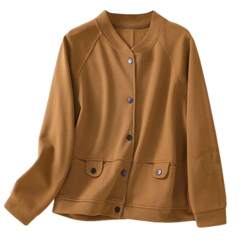 ジャケット レディース ショート丈 アウター ブルゾン ジャンパー 野球服 ワッフル 快適 伸縮性 ストレッチ 綿 コットン 長袖 丸首 クルーネック シングル ボタン ポケット 楽ちん ゆったり カジュアル ブラック 秋服(x3)｜リメイクバディー