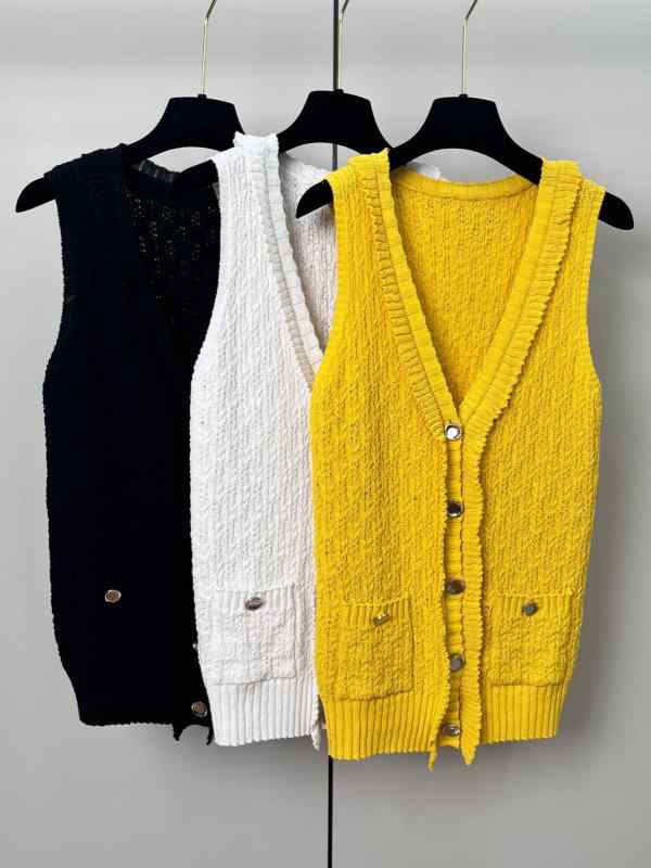 より良い レディース 編み物より良い ノースリーブ ジレー トップス ジレ ベスト フレンチ心地よい 春物 花の冠yd 重ね着 Vのど首 前食い違い 幾何学学飾りつけ フラウンス 愛くるしげ 黄味がかった 白 黒 綿 混 ポリエステル