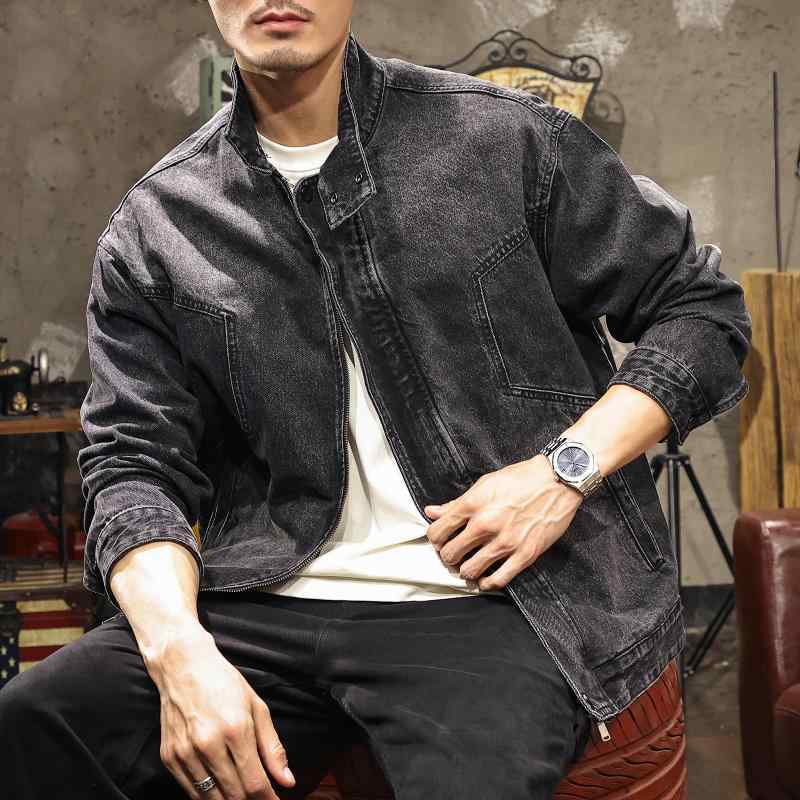 上衣 メンズ アウター ジーンズ上衣 ジージャン ライダースジャケット 細工物上衣 上衣 長袖 ジップアップ 心地よい 照明ランプ色つや 無地 防風 耐磨性 綿織物 綿 朦々たる 生あたたかい 普段使い走り 黒 黒いこと