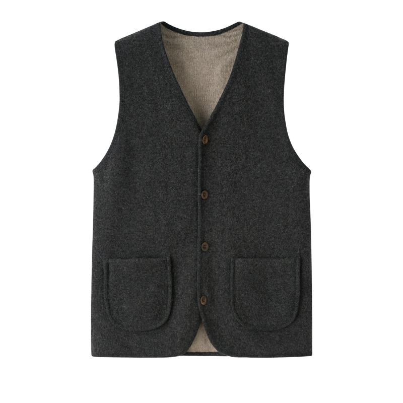 ベスト メンズ ニットベスト ジレ チョッキ トップス カシミヤ100% カシミア 前開き Vネック 前ボタン 加厚 厚手 防寒 暖かい 保温 中年 ビジネス 紳士 カジュアル 普段使い 通勤 日常 無地 ダークグレー ダークブルー|リメイクバディー