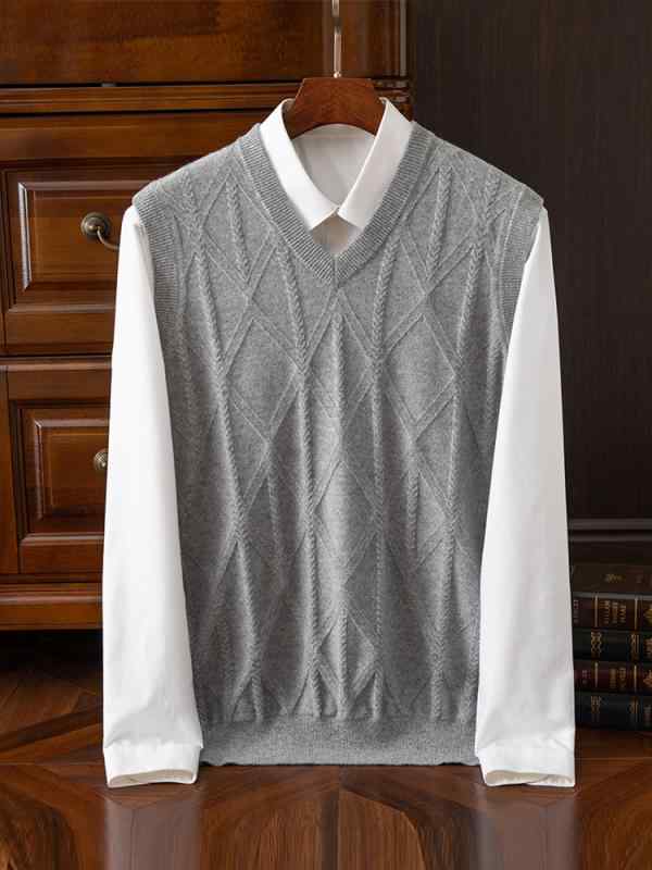 ベスト メンズ 秋冬 カシミヤ100% カシミア ヤギ ニット ジレ チョッキ Ｖネック 幾何学 菱形 ノースリーブ プルオーバー 提花 柄物 トップス カジュアル ビジネス 紳士 中年 40代 50代 防寒 暖かい 軽い 蔵青 浅灰 深駝｜リメイクバディー