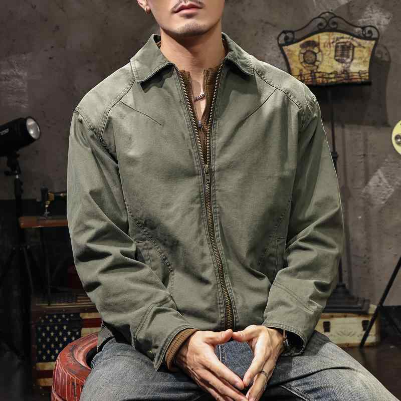 上衣 メンズ アウター 上衣 前掛け 細工物上衣 帆布 朦朦たる 襟なし 否色合い 長袖 前車のドア 綿織物 綿 牢固たる 耐磨 防寒 防風 生あたたかい 無地 灰緑 心地好い アウトドア 普段使い走り 羽織り トップス アメカジ ヴィンテージ