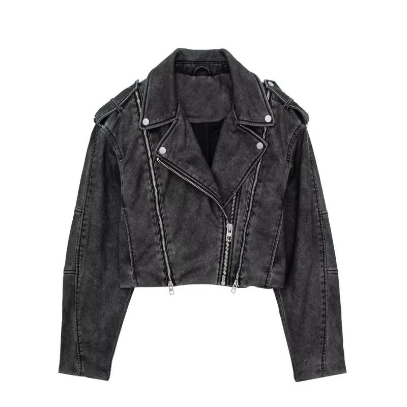 上衣 レディース ライダース アウター 春服 なめし革上衣 ＰＵなめし革 遊撃手丈 細身 か細い ヴィンテージ風 長袖 うす暗い薄墨色 今めかしい 心地好い 表どおり 鍵を掛ける 衣嚢 ジッパー ジップ