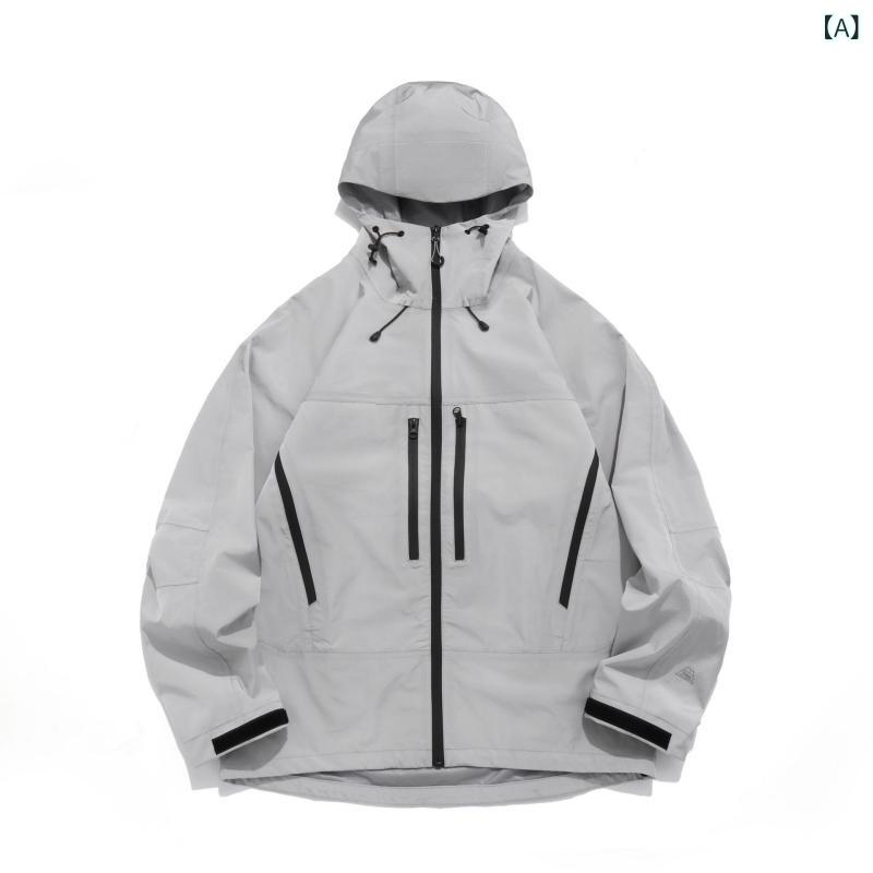 ジャケット メンズ レディース マウンテンパーカー フード付き ジップアップ 登山服 アウター ウィンドブレーカー ブルゾン 上着 羽織り ジャンパー 長袖 防風 防水 防汚 カジュアル スポーツ アウトドア 普段使い ライトグレー 藍紫 黄｜リメイクバディー