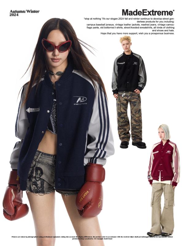ジャケット メンズ レディース 男女兼用 アウター ジャンパー ブルゾン 野球 スタジャン 長袖 切り替え ジップアップ 襟なし レトロ アメリカン カジュアル 運動 普段使い スポーツ トップス 秋 冬 レッド 紺 黒｜リメイクバディー
