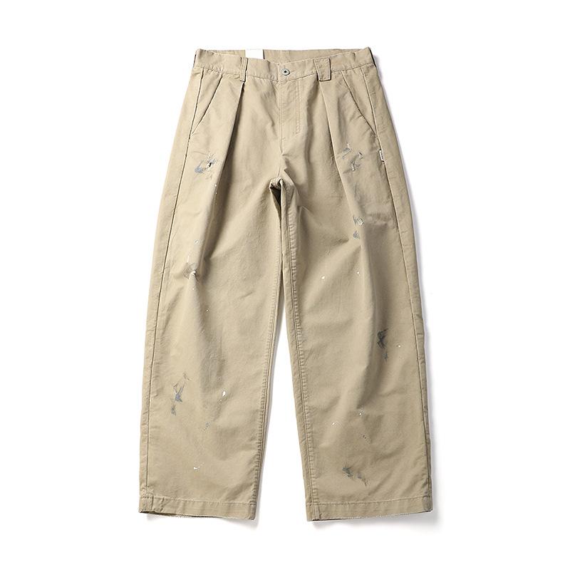 ワークパンツ メンズ カーゴパンツ ロングパンツ ボトムス ズボン 紳士用 日系 ヴィンテージ風 レトロ ウォッシュ 加工 ペイント 散らし 刺しゅう 刺繍 コットン 綿 ゆったり ストリート カジュアル カーキ ブラック 春 春用｜リメイクバディー
