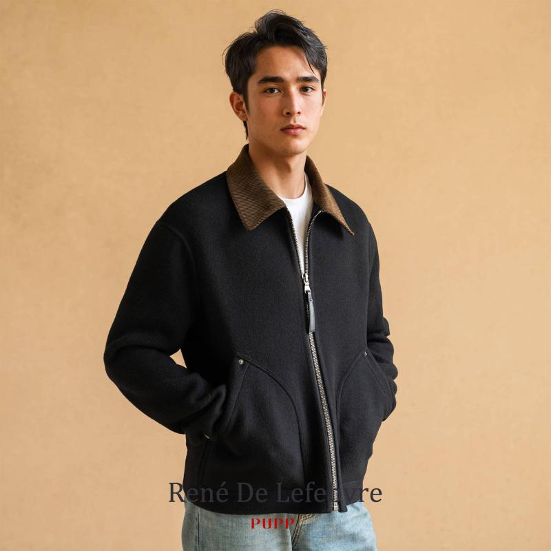 ジャケット メンズ 男性用 紳士用 襟付き レギュラーカラー レザー切り替え ダブルフェイス 羊毛 ウール ショート丈 アウター ブルゾン コート ルーズフィット ゆったり 長袖 トップス シンプル カジュアル 春秋 黒 軽量 吸湿 速乾 普段使い｜リメイクバディー 23,024円