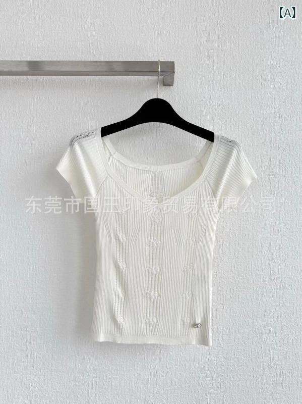 編み物 トップス レディース 春夏 フレンチ表現スタイル 炎節編み物 ティーシャツ カシミール 綿織物 半袖 オフショルダー うつり変わり ジャかばい立て 織り 無地 細押し出し か細い 遊撃手丈 透け透け 心地よい 白いこと 黒いこと