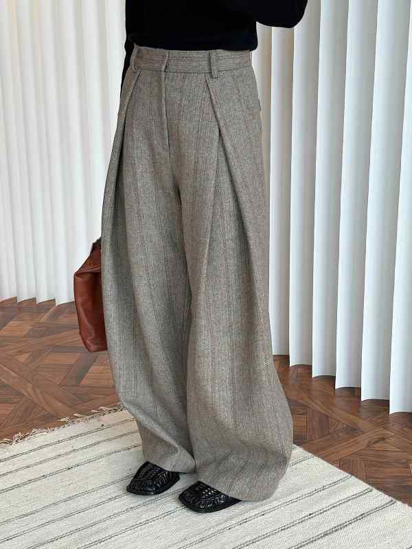 パンツ レディース ワイドパンツ スラックスパンツ タックパンツ ロングパンツ 長ズボン ボトムス 秋冬 フレンチ レトロ ヴィンテージ風 ヘリンボーン ウール 厚手 暖かい 高見え 美脚 脚長効果 高腰 ハイウエスト 微ストレッチ 切り替え グレー ブ|リメイクバディー