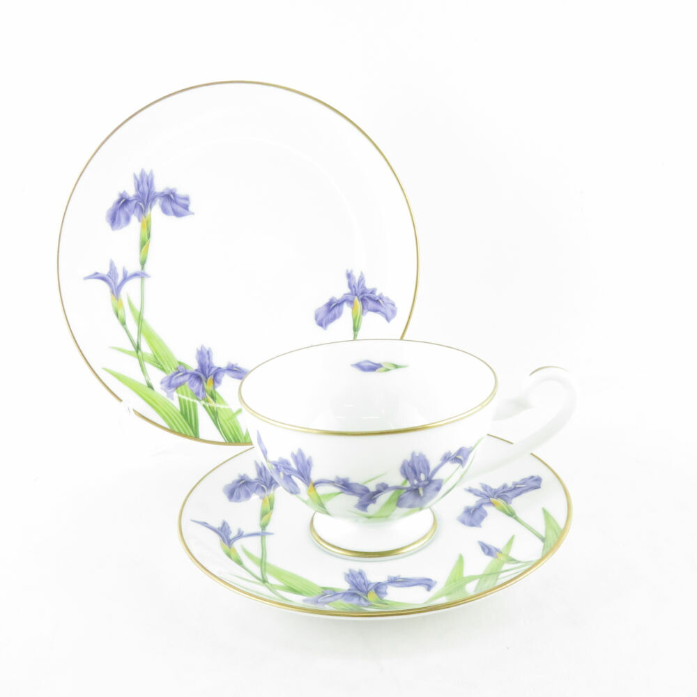 美品 IEI インペリアルエンタープライズ 「万葉の花」 かきつばた 紅茶優勝杯＆平円盤 西洋菓子皿 1仕掛ける 17糎一皿 仕掛ける ヴィンテージ 1983 SY8985D 【中古】