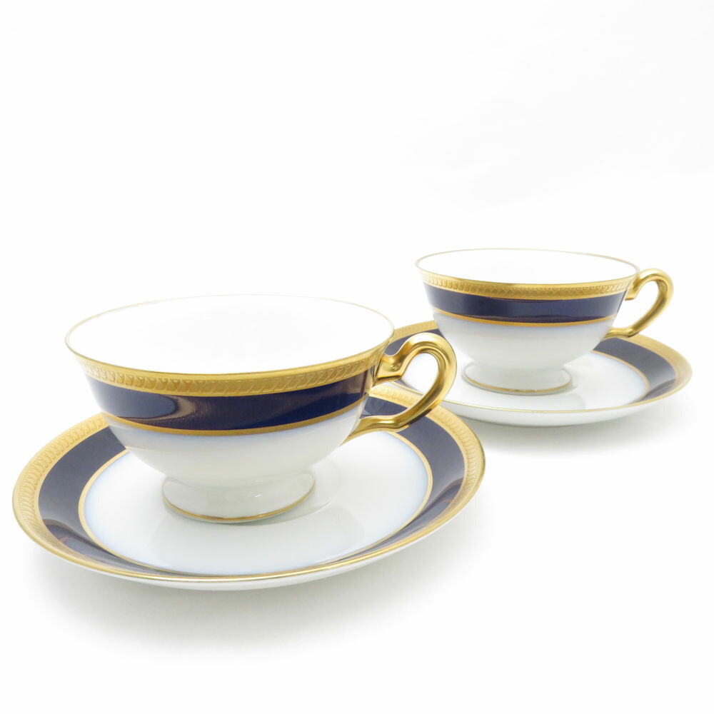 美品 OKURA 大倉陶園 硝子片葉金蝕 紅茶優勝杯＆平円盤 2客 ありの実 SY10453J 【中古】