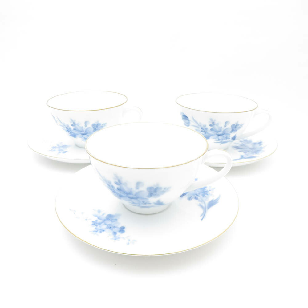 美品 OKURA 大倉陶園 優勝杯＆平円盤 3客 仕掛ける 青色御花 青 花 金彩 SU11109B4 【中古】