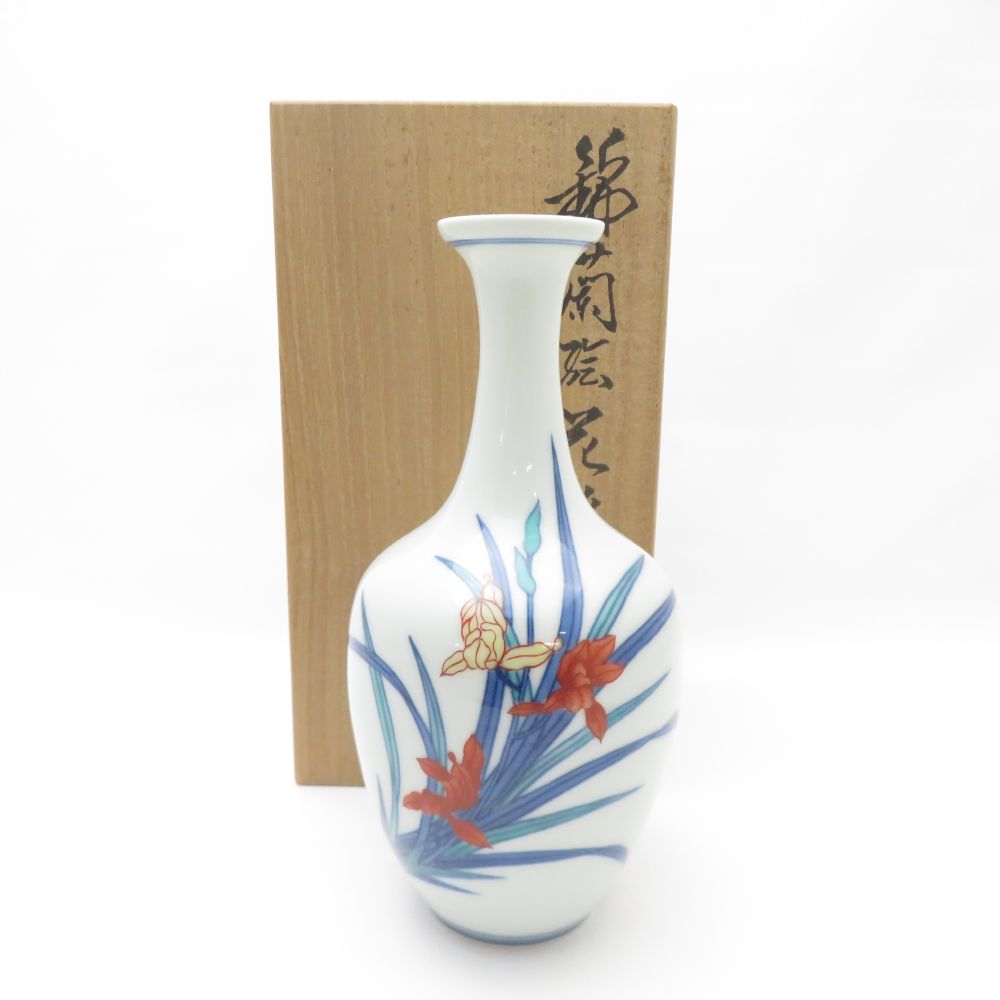 美品 今泉今右衛門 13代今泉今右衛門 錦蘭絵 花立て 花びん 軍事基地 御花 SY12435J2 【中古】