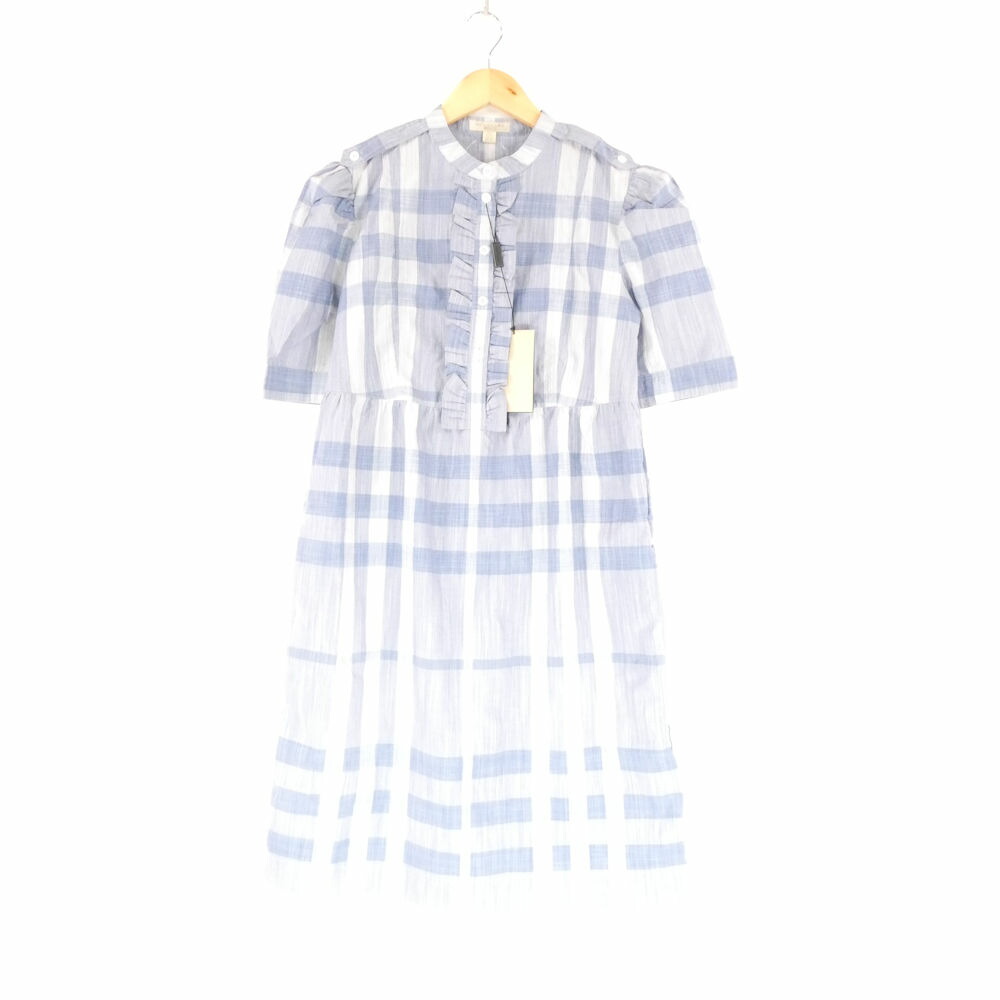 美品 BURBERRY BRIT バーバリーブリット ノヴァチェック シャツワンピース 40 コットン100％ ひざ下丈 半袖 スカイブルー レディース AY6344A30 【中古】
