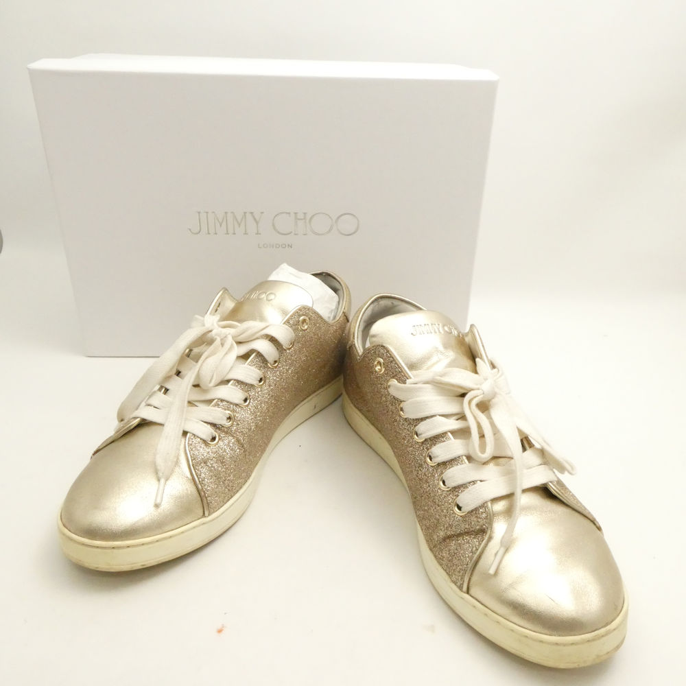 JIMMY CHOO ジミーチュウ　美品　37 JIMMY CHOO(ジミーチュウ)ブラックレザー×ネイビーラメ