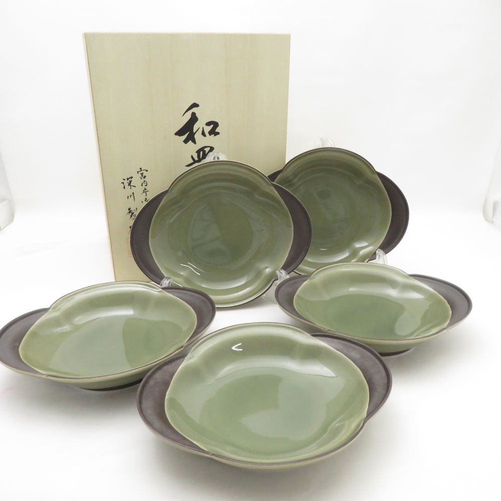 美品 Fukagawa Seiji 深川製磁 百年庵 茶灰釉 和皿揃 皿 5枚 一皿仕掛ける 有田焼 和食器 SU13038C2 【中古】