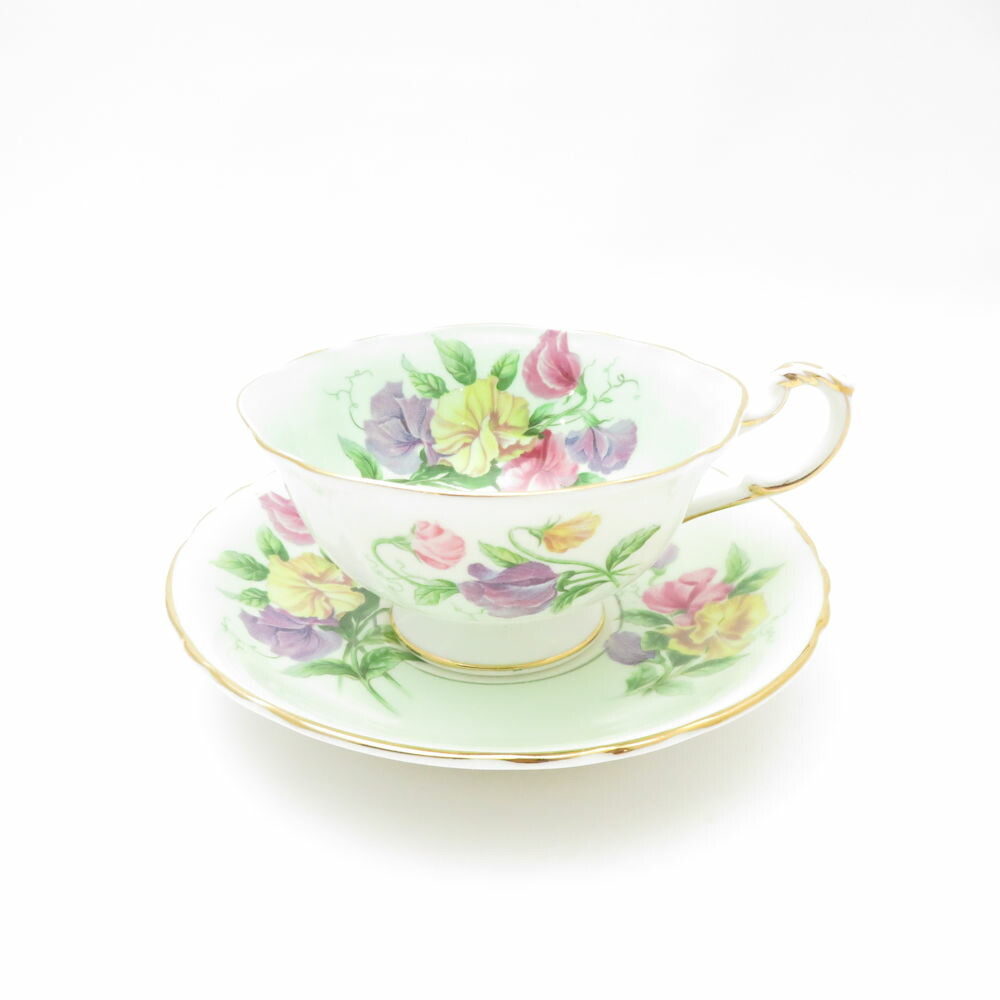 美品 PARAGON パラゴン スイートピー 紅茶優勝杯＆平円盤 パステル色の緑 金彩 花飾りつけ 御花 SU13217X1 【中古】