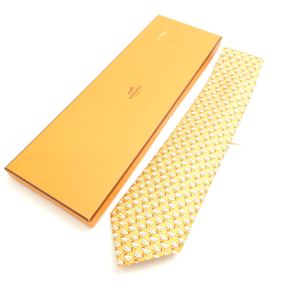 未使用　エルメス　ネクタイ　オレンジ　狐・鳥　雲柄 未使用 エルメス ネクタイ オレンジ 狐・鳥 雲柄