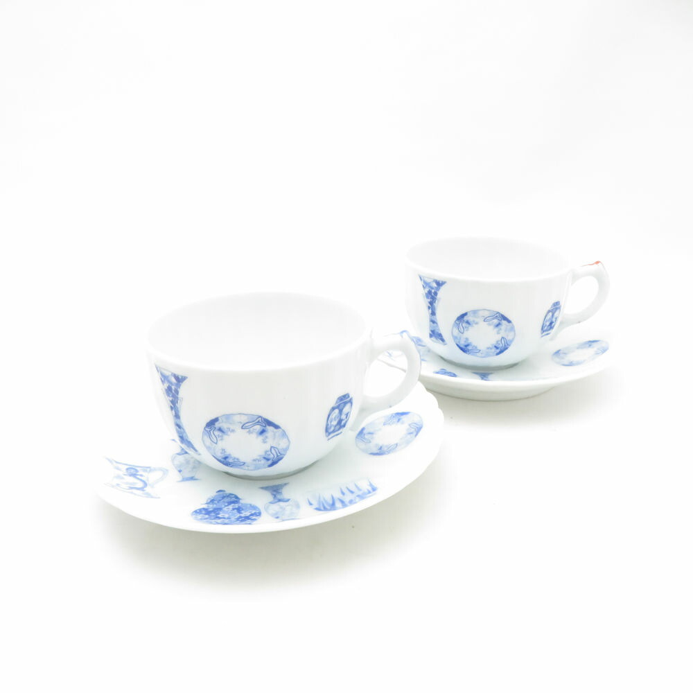 美品 Fukagawa Seiji 深川製磁 青色瀬戸もの 優勝杯＆平円盤 2客 ありの実 碗皿 SC10268Q1 【中古】