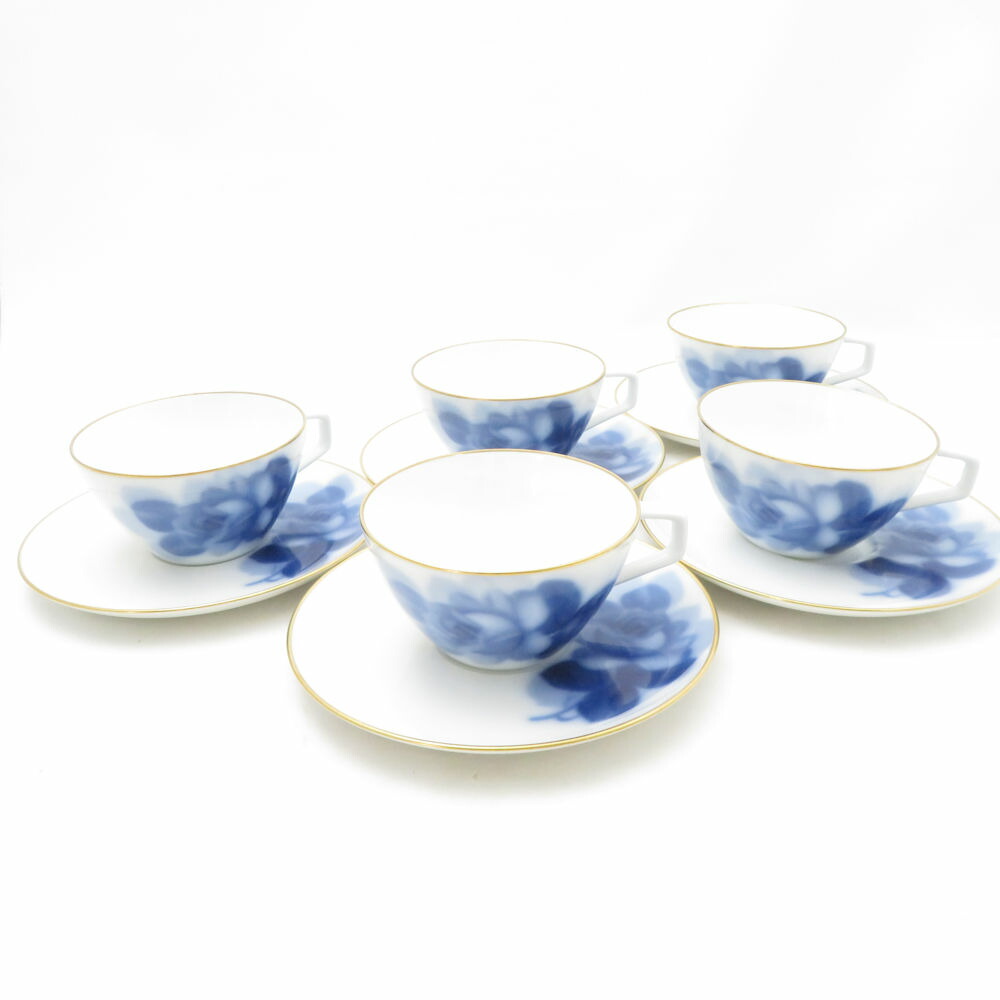 美品 OKURA 大倉陶園 青みサクラ色 優勝杯＆平円盤 5客 仕掛ける お茶 珈琲 金彩 青ローズ 薔薇 SU13631R1 【中古】