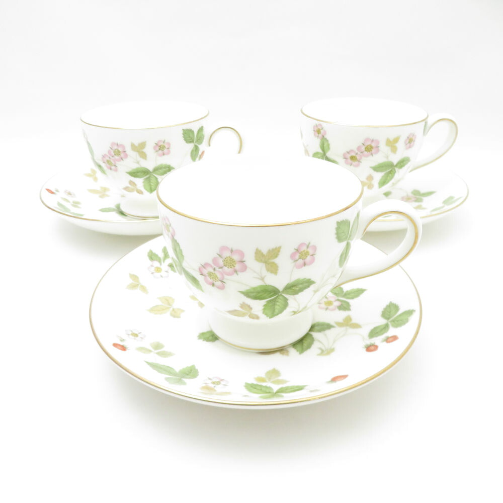 WEDGWOOD ウェッジウッド ワイルドストロベリー ティーカップ＆ソーサー 3客 セット リー 黒壺 旧刻印 SC10614L2 【中古】