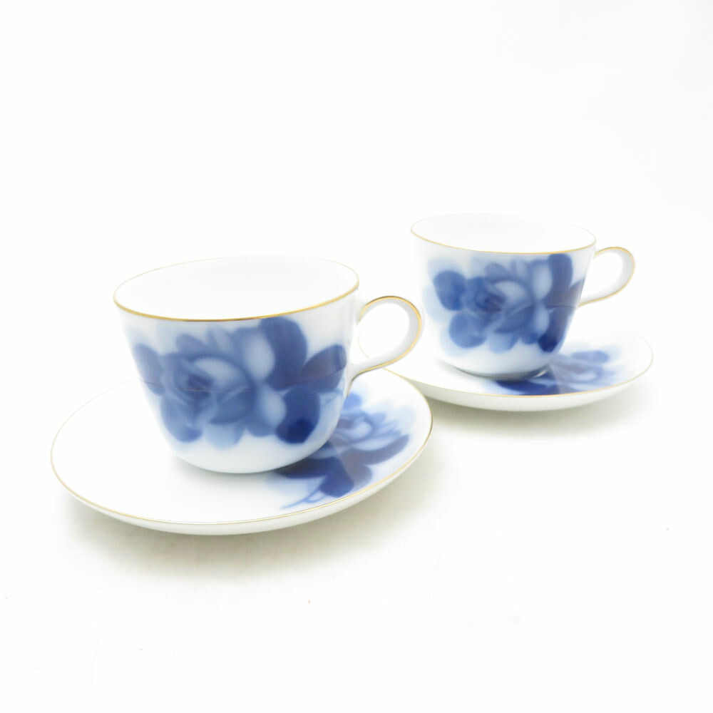 美品 OKURA 大倉陶園 ブルーローズ 8211 モーニングカップ＆ソーサー 2客 ペア SM5113D2 【中古】