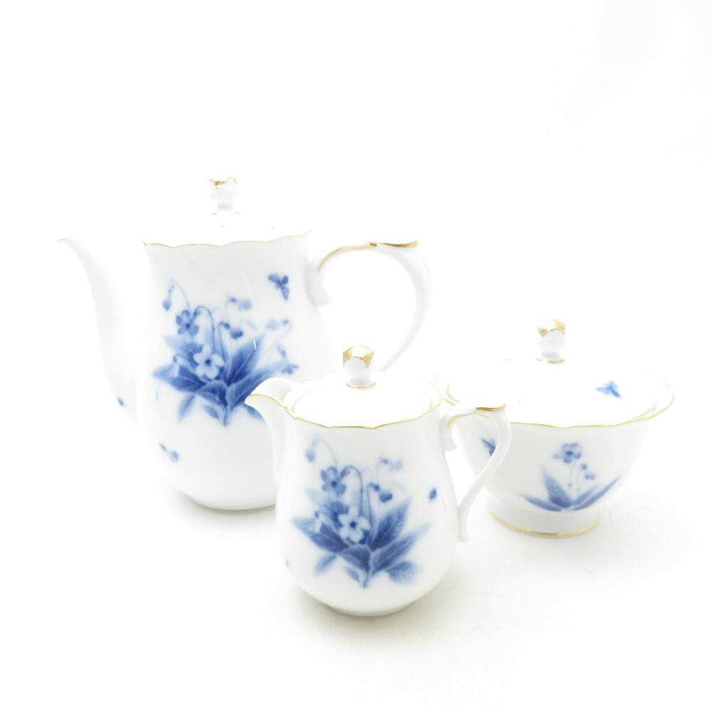 OKURA 大倉陶園 青碧相撲取り草 ポット クリーマー 白砂糖ポット 3点 書き割り 茶器 キャフェ 白砂糖 皮膚軟化剤 酪漿 花 SU13804X1 【中古】