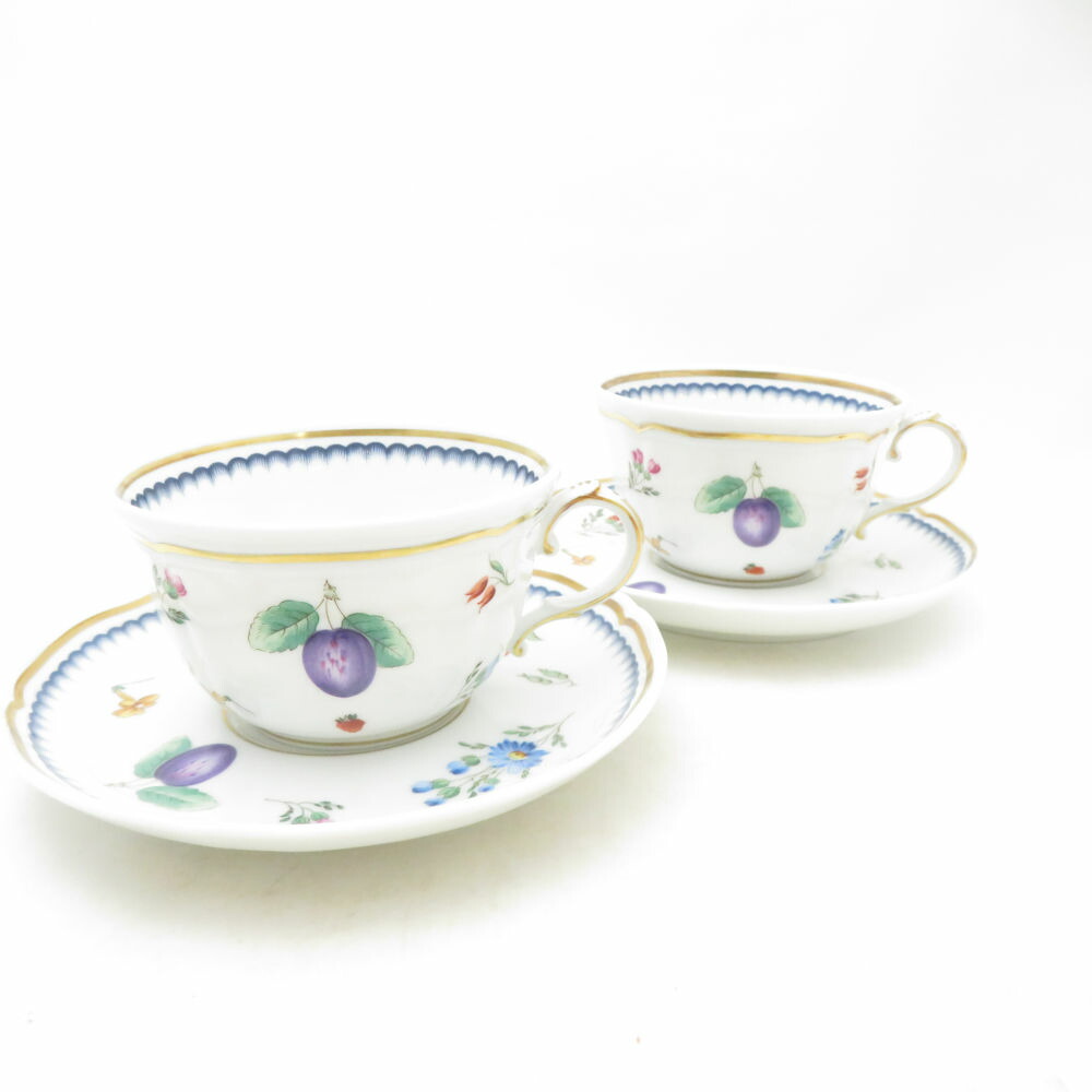 美品 Richard Ginori リチャードジノリ イタリアンフルーツ ティーカップ＆ソーサー 2客 ペア 紅茶 金彩 果物 花柄 SU13936V2 【中古】