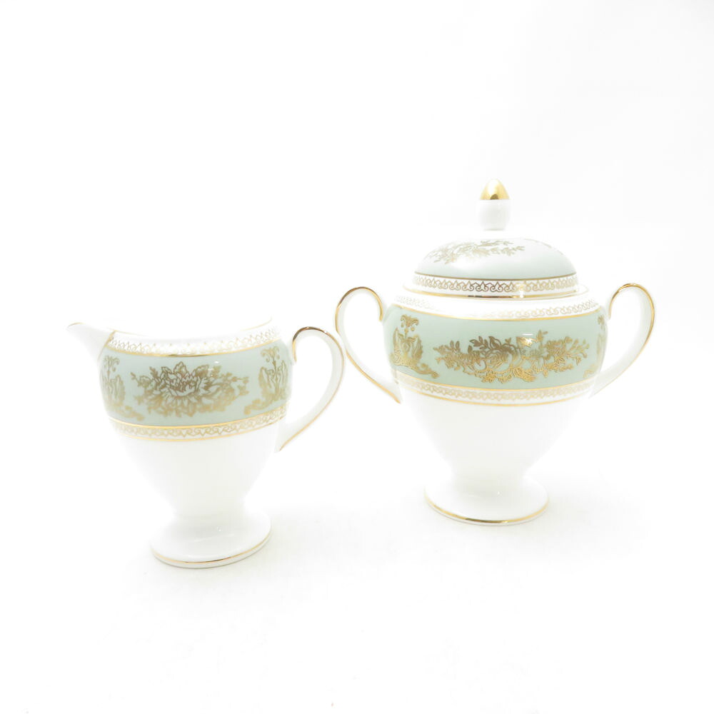 美品 WEDGWOOD ウェッジウッド コロンビア セージグリーン シュガーポット クリーマー 2点 セット 砂糖 クリーム ミルク 黒壺 英国 SU14036T1 【中古】｜reMOVE 店
