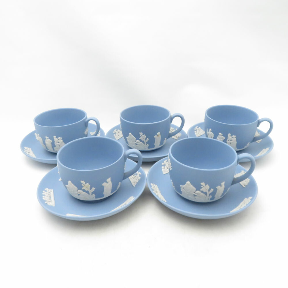 美品 WEDGWOOD ウェッジウッド ジャスパー ペールブルー 優勝杯＆平円盤 5客 書き割り 洋食器 連合王国製 SU14206G2 【中古】