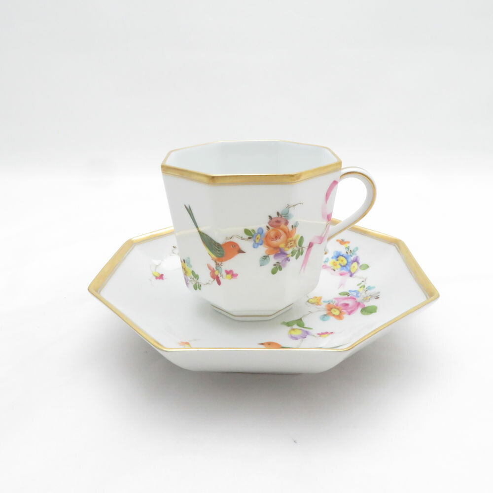 美品 Herend ヘレンド 地中海の庭 JM 4304 オクタゴナルカップ＆平円盤 珈琲 八角茴香 シノワズリ 鳥 花 金 シュロの葉 SU14451C1 【中古】