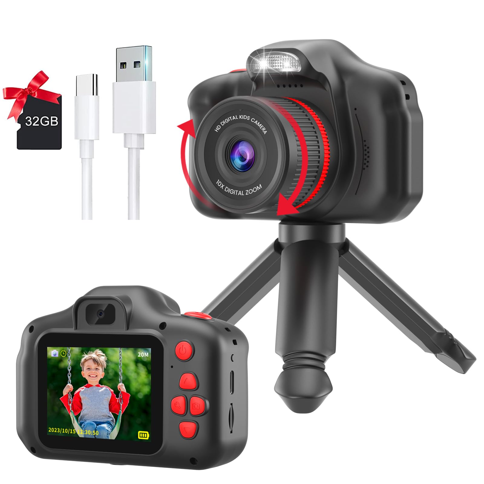 キッズカメラ 子供用 新バージョン 子ども向けデジタルカメラ 2.4インチディスプレイ搭載 マイク内蔵・フィルインライト付き スイベルレンズ付き10倍ズーム 子供の日プレゼント 4歳以上の子供に最適な写真練習用カメラ（black）