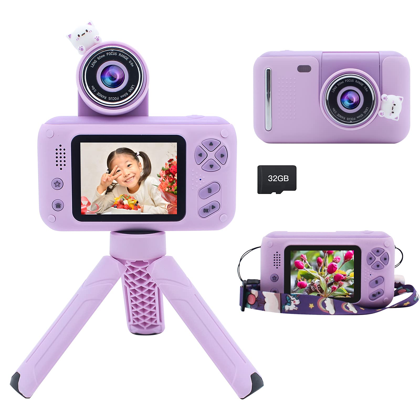 Yukicam キッズカメラ 三脚付き 子供 小学生用 2.4 インチ ディスプレイ デジタルカメラ 初心者 コンパクトカメラおもちゃ お子様へのプレゼント ビデオカメラおもちゃ 180° 回転レンズ付き 3-10歳 女の子 男の子 誕生日 クリスマス 3