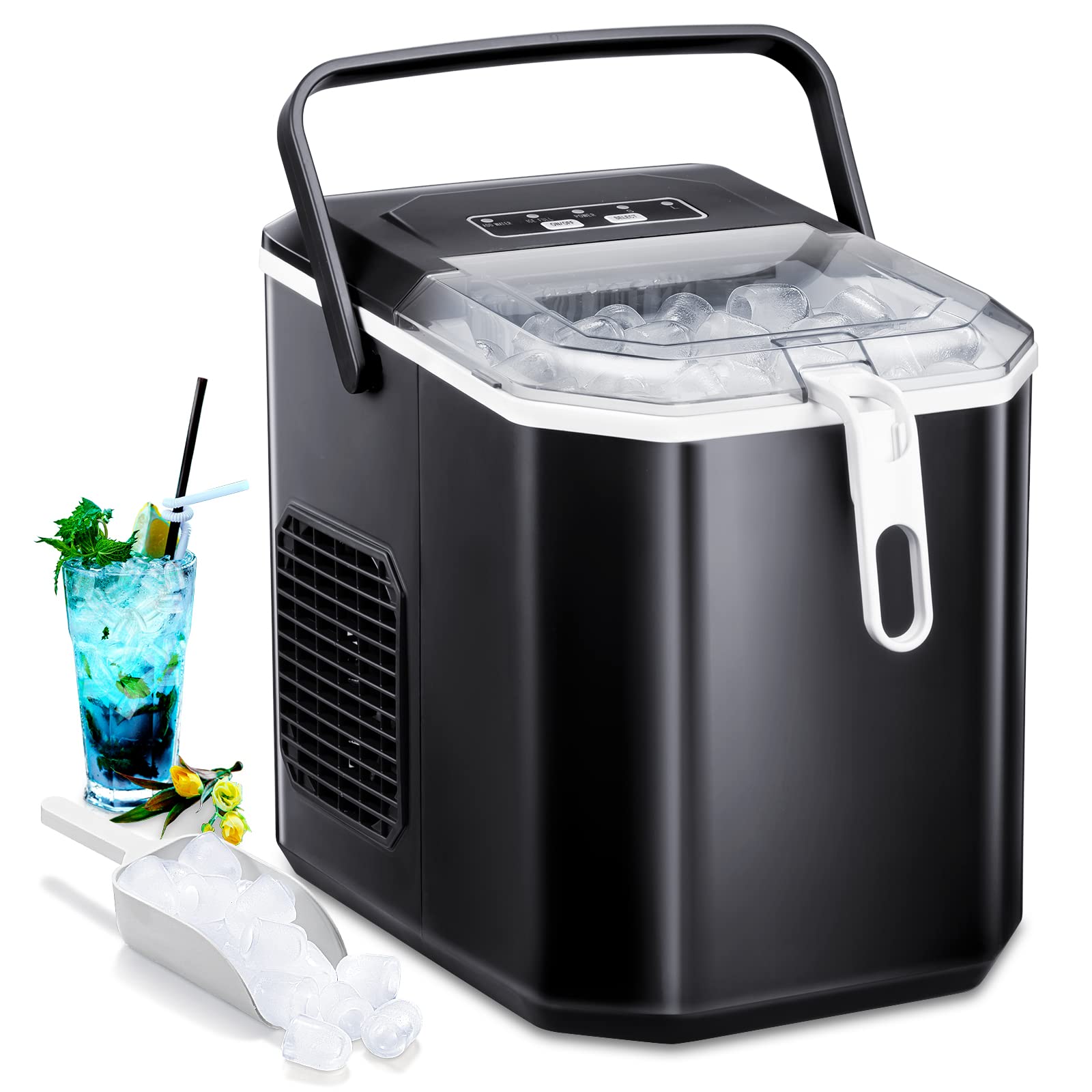 Joy Pebble 製氷機 氷つくり機 小型製氷機 高速 自動製氷機 最短6分 1.2L水タンク 氷サイズ調節可能 氷保管量600g 自動製氷停止 氷スコップ収納 ハンドル付き 日本語表記 晩酌 家飲み オフィス飲み ホームパーティー 卓上 家庭 業務用