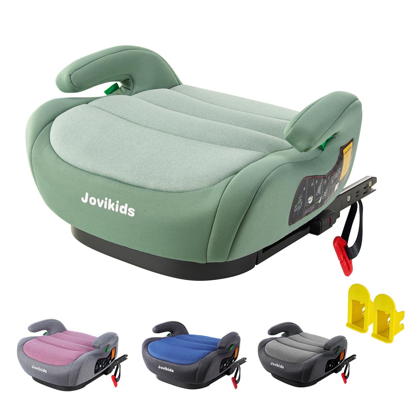 Jovikids ジュニアシート ISOFIX、R129適合 ブースターシート 3歳から ロングユース、極厚クッション、幼児用車シートと固定ガイド キャップとシートベルトクリップ、125?150cm (グリーン 厚くする)