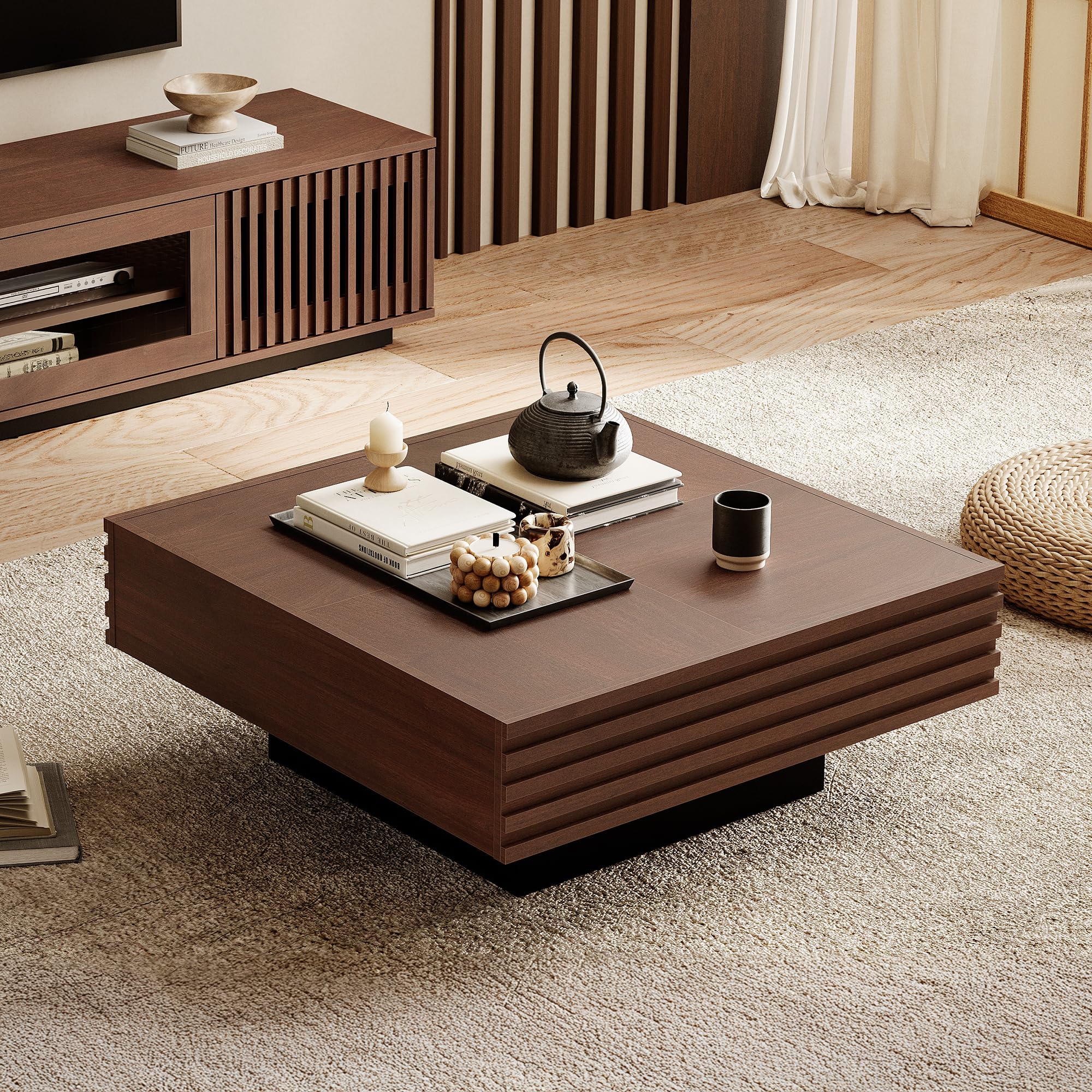 WAMPATローテーブル センターテーブル 正方形 木制 コーヒーテーブル ちゃぶ台 座卓 リビング用 幅80×奥行80cm×高さ32cm ブラウン