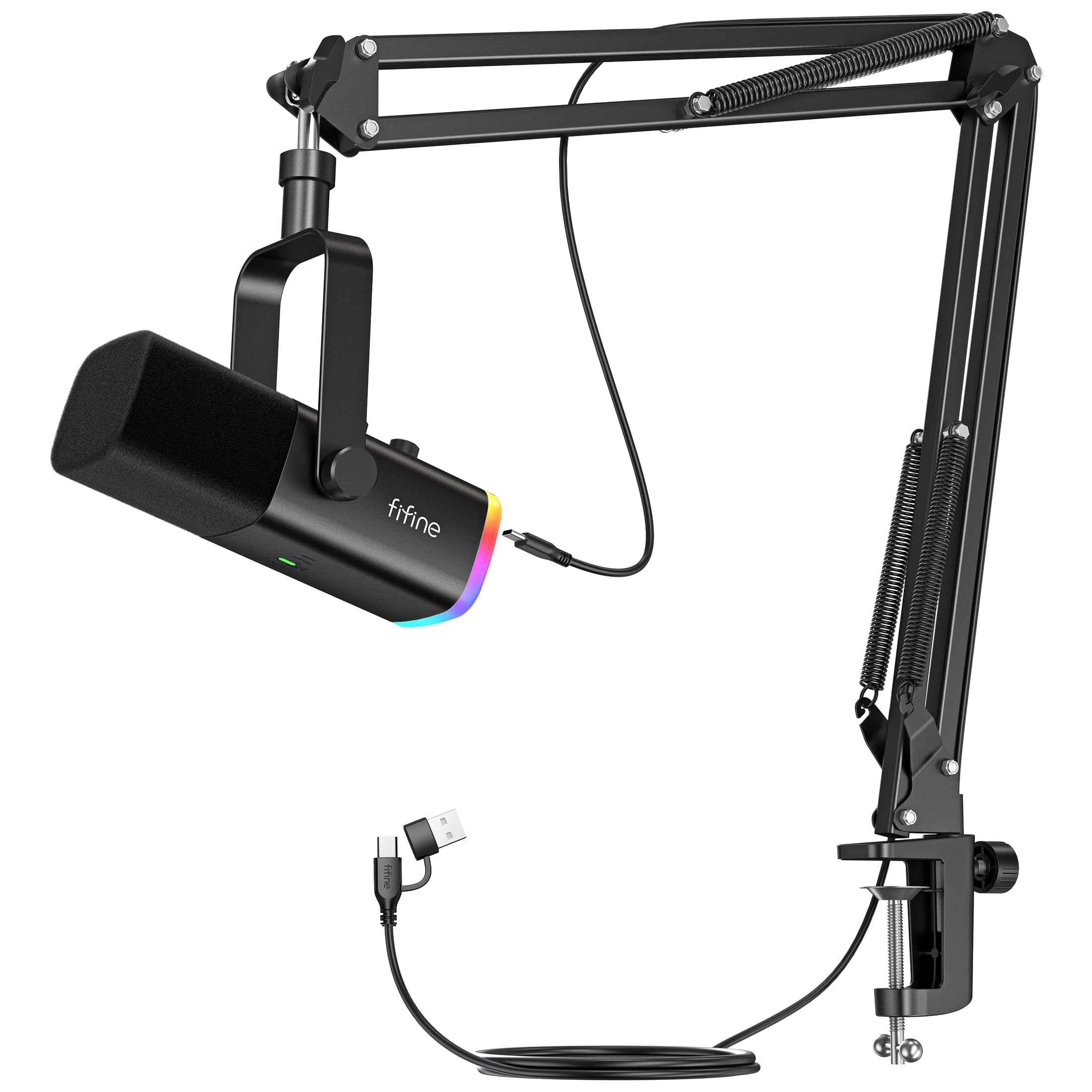 FIFINE XLR/USB ゲーミングマイクセット ストリーミング ポッドキャスト用 ダイナミックマイク PCマイク ブームアームスタンド付き RGB機能付き ミュートボタン ヘッドフォンジャック ボーカル ボイスチャット 録音 配信 実況 ゲーム 黒 |RENEW