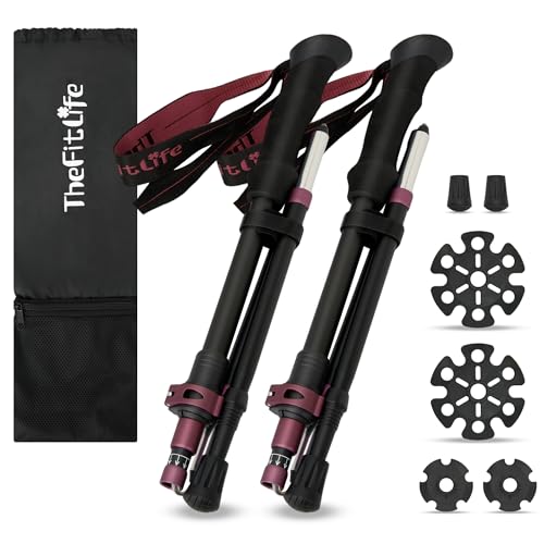 TheFitLife トレッキングポール 折畳み 登山 ストック 軽量 36-120cm伸縮 ウォーキングポール ウォーキングステッキ 2本セット 登山杖 登山ポール 山登り ステッキ ハイキングポール 男性 女性 高齢者 (暗紅色)