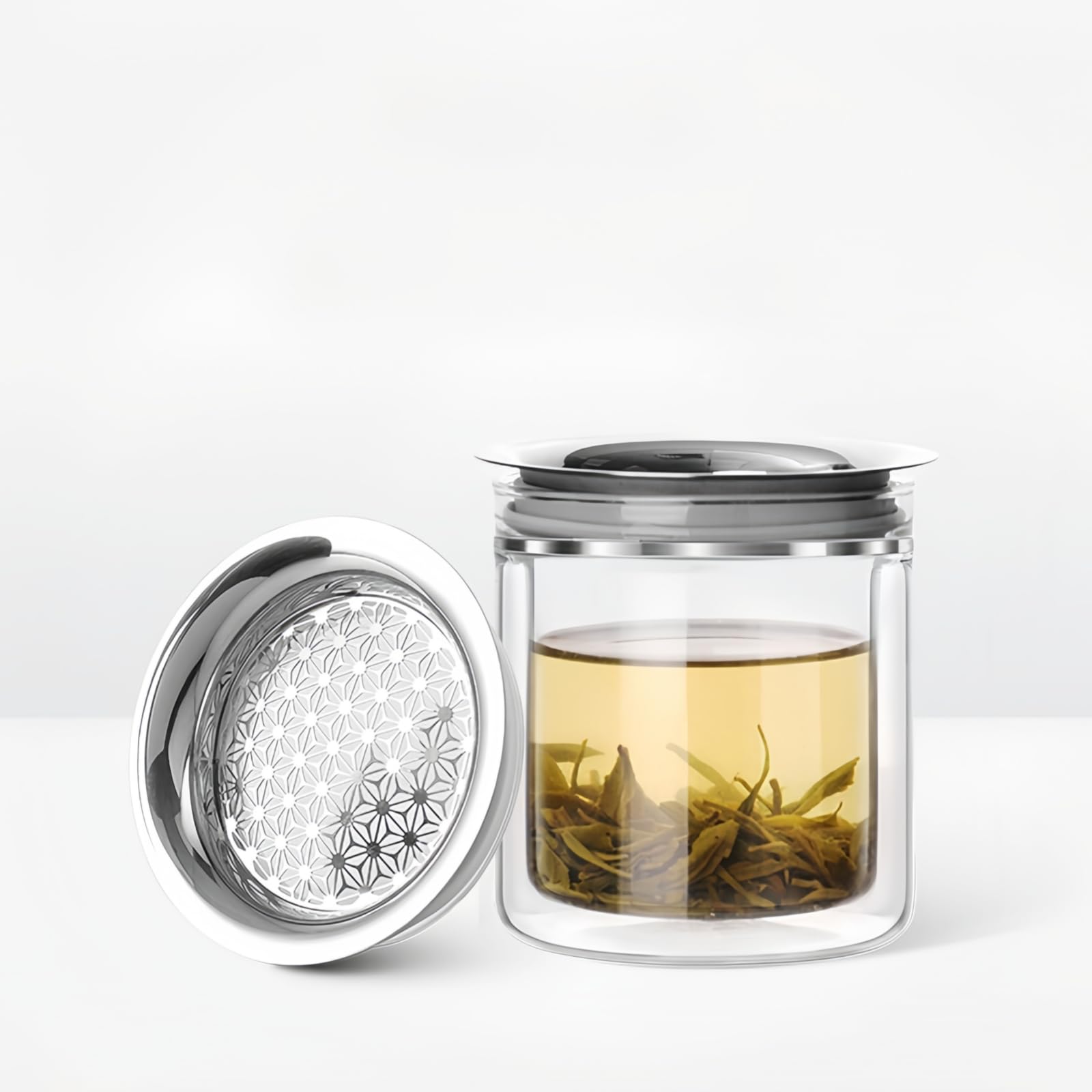 OULOVECO ティーポット 急須 ガラス 200ml 二層耐熱ガラス 外側不熱 精密フィルター 紅茶 ポット ガラスティーポット 茶器セット 透明 一人用 オフィス・自宅用 緑茶対応- 特許 2025-012174 - (模様柄のフィルター, 200m