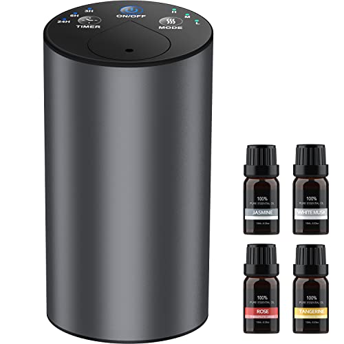Amison 車用 ディフューザー 芳香剤 精油10mL X4本付 水なし自動噴霧式 アロマ ネブライザー 2400mAhバッテリ内蔵 充電式 静音 アロマディフューザー ミスト量調整 タイマー機能 ヨガ室・部屋・車載・店舗などに適用 (グレー)