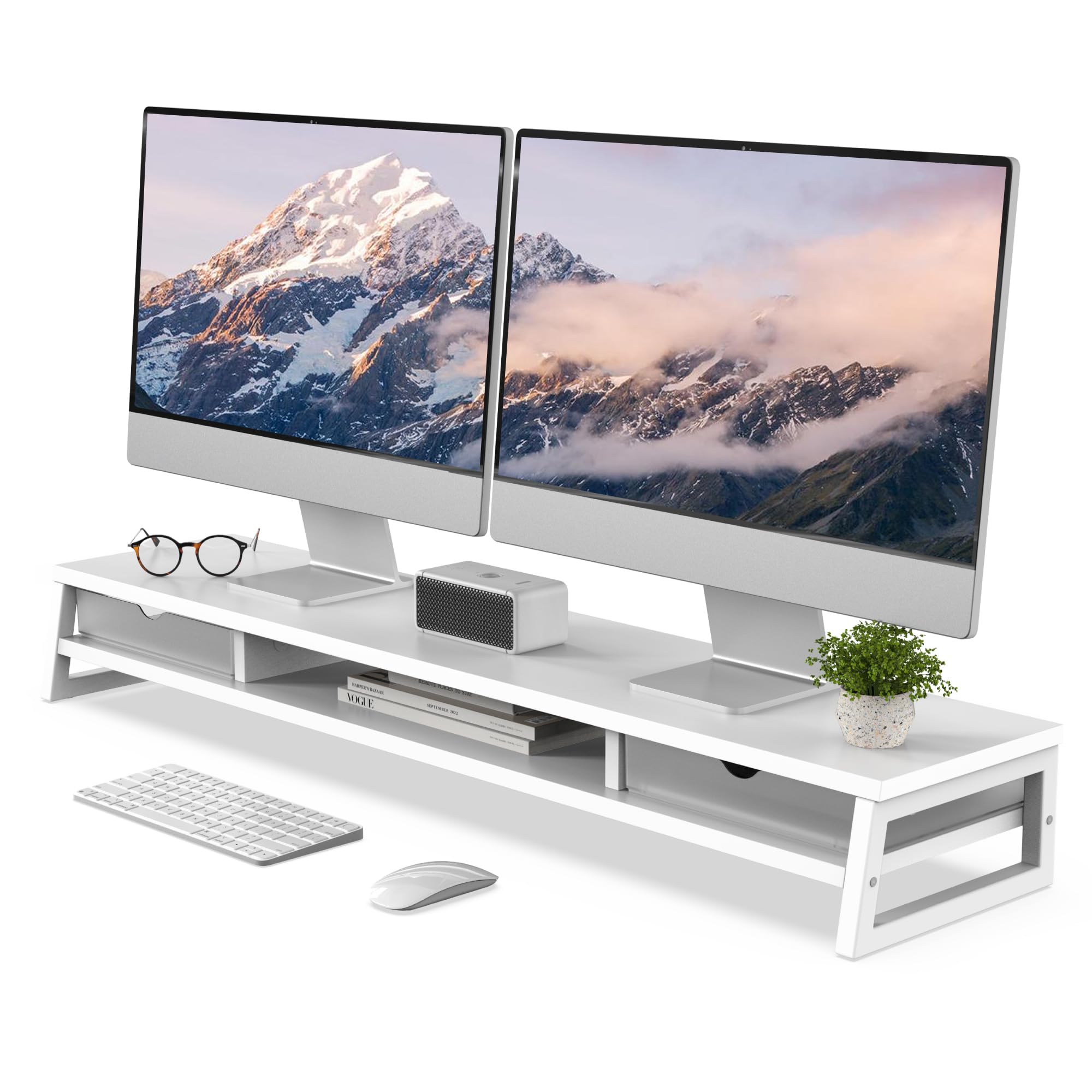 Fenge モニター台 卓上 デスクシェルフ モニタースタンド パソコン台 引き出し付き2段 木製 幅108cm pc台 机上台 デュアルモニター 台 机上ラック 卓上台 デスク周り収納 ディスプレイ (ホワイト) (ホワイト)