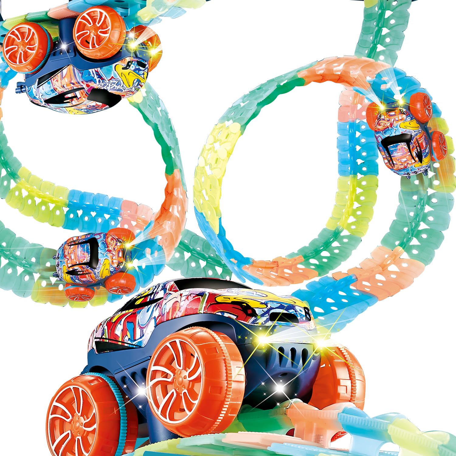 JUYEE おもちゃ 車 レール 組み立て 知育玩具 蛍光 立体パズル DIY 男の子 6歳+ 子供 人気 ランキング ミニカー 電動 誕生日プレゼント クリスマスプレゼント (188pcs)