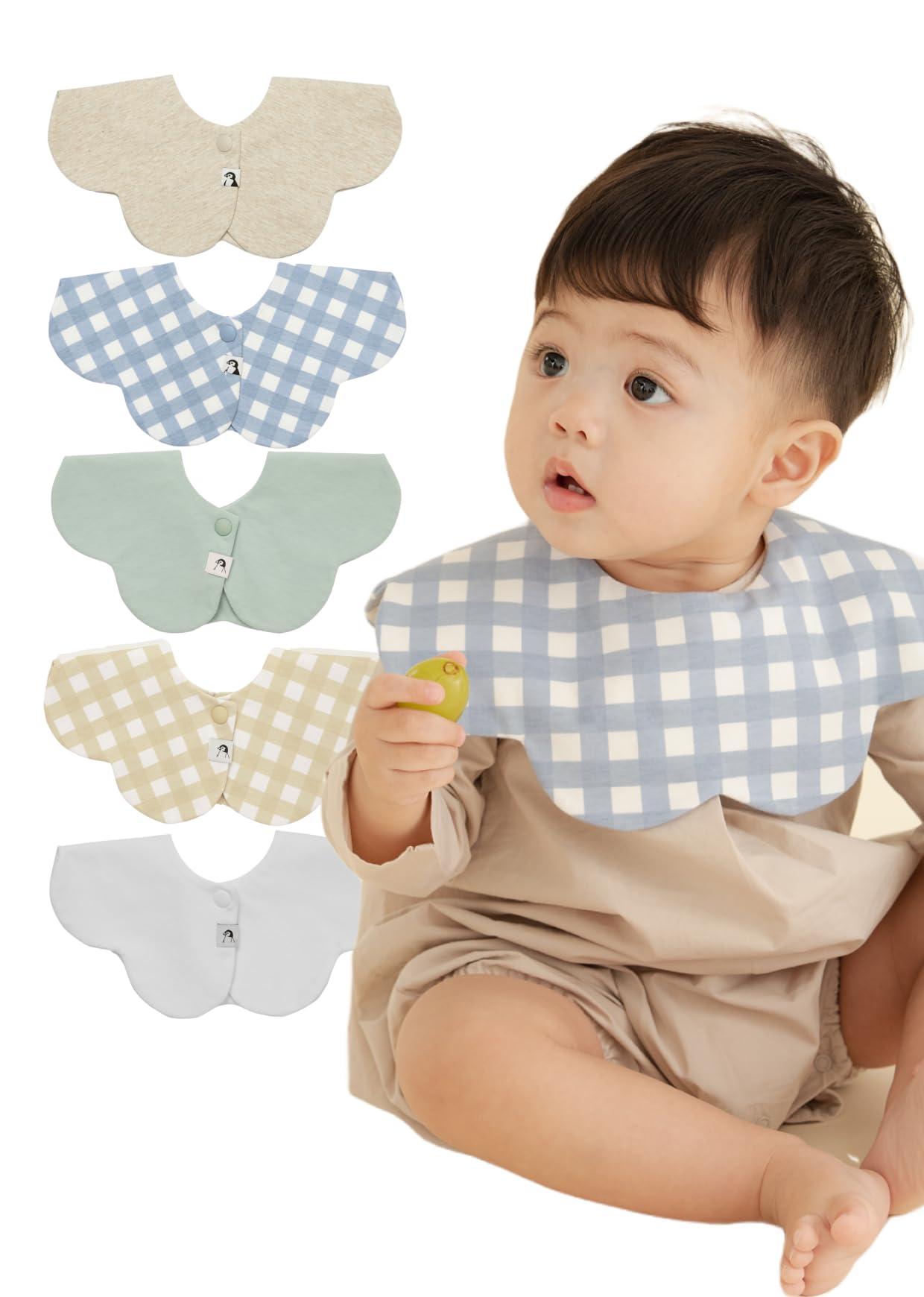 [Konny] コニーベビースタイ セット Baby Bib 360°ローリング よだれかけ 吸収性・速乾性 シンプル 女の子 男の子 ベビーコーデ 出産祝い おしゃれ プレゼント (セット5(Mint, Ivory, Creamy Gingham, Oa
