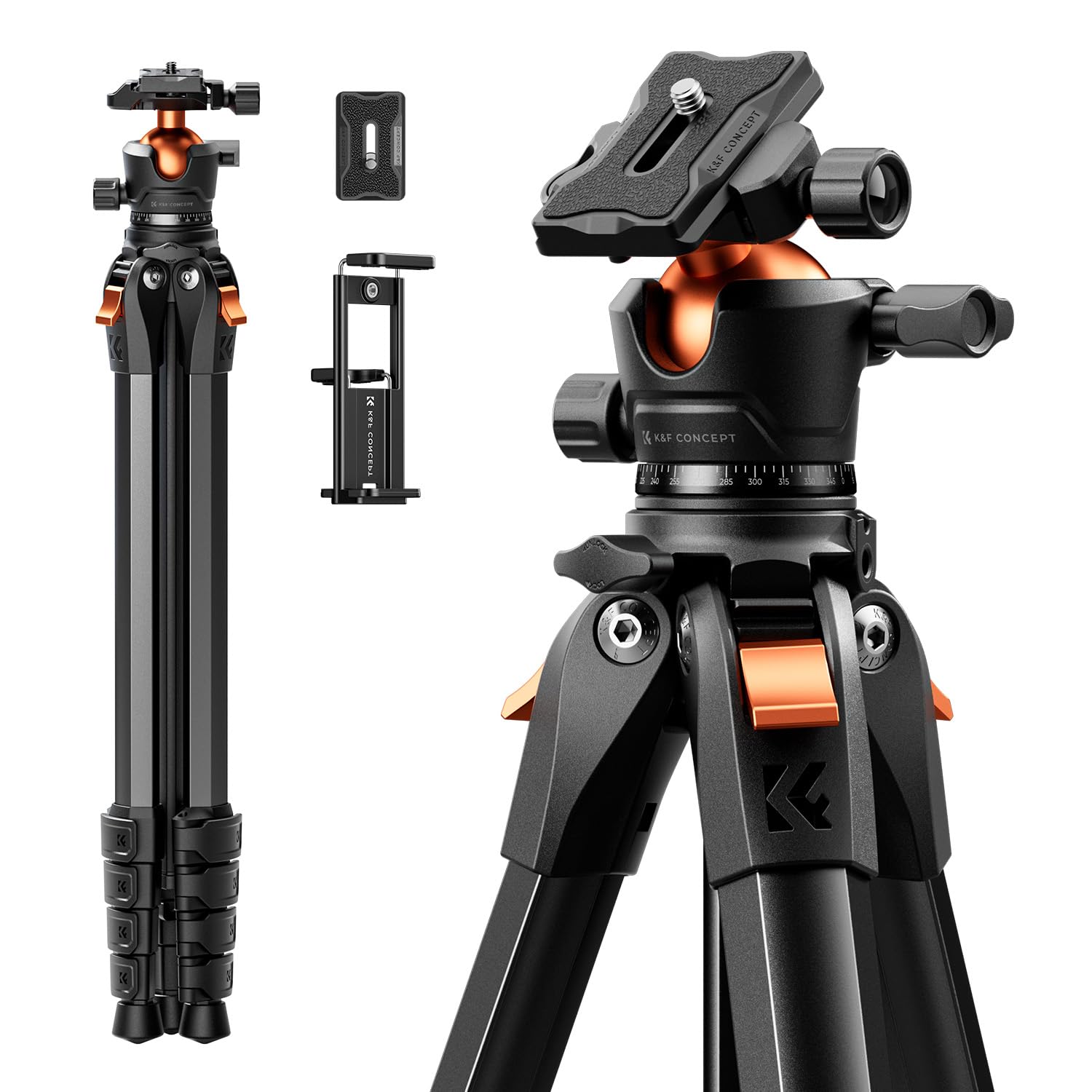 カメラ三脚K&F CONCEPT 73インチ tripod スタンド 伸縮 アルミニウム製コンパクトカメラ三脚、携帯用トラベル三脚 iPhone対応、10kg耐荷重 Arca Swissボールヘッド（DSLR/ミラーレス対応）、収納袋付き 一眼レフ ビデオ