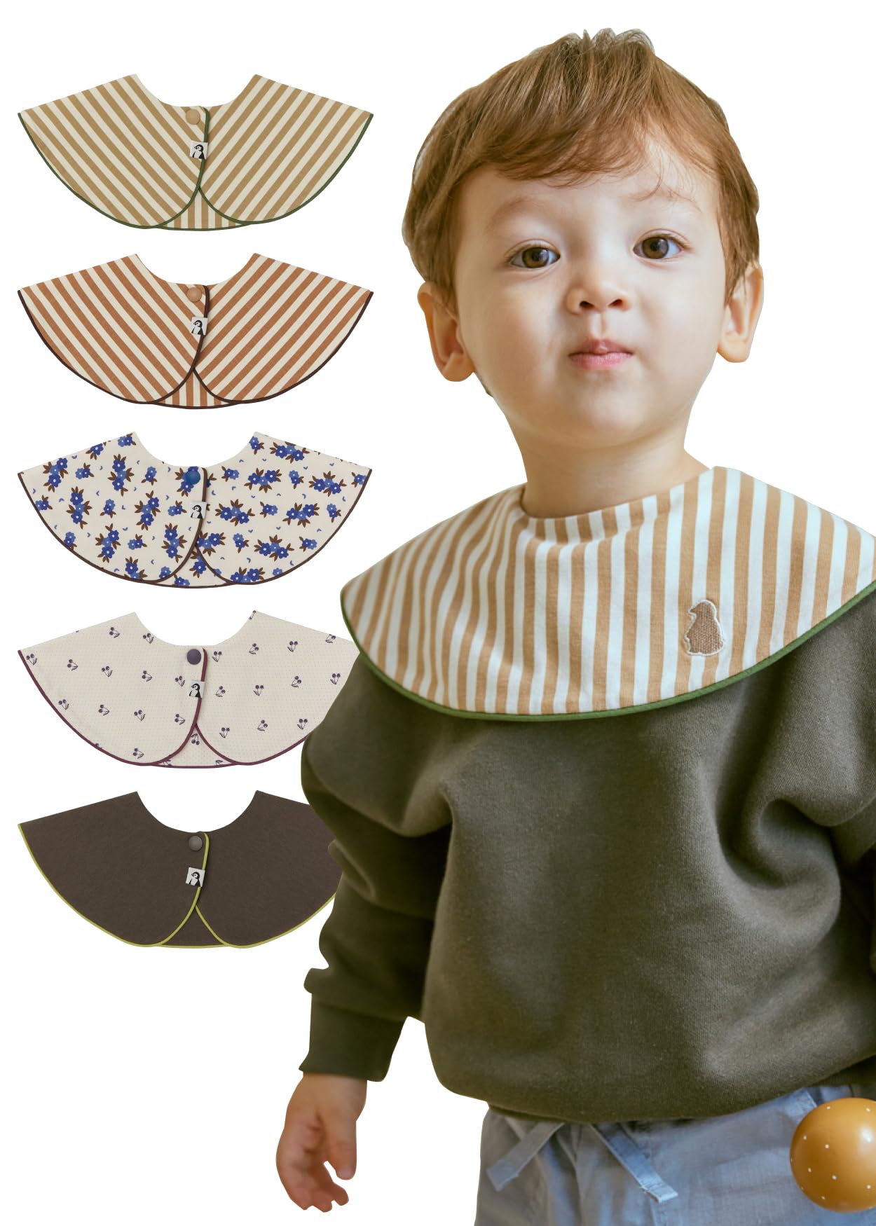 [Konny] コニーベビースタイ セット Baby Bib 360°ローリング よだれかけ 吸収性・速乾性 シンプル 女の子 男の子 ベビーコーデ 出産祝い おしゃれ プレゼント (セットI(Beige stripe, Orange-Brown Stri画像