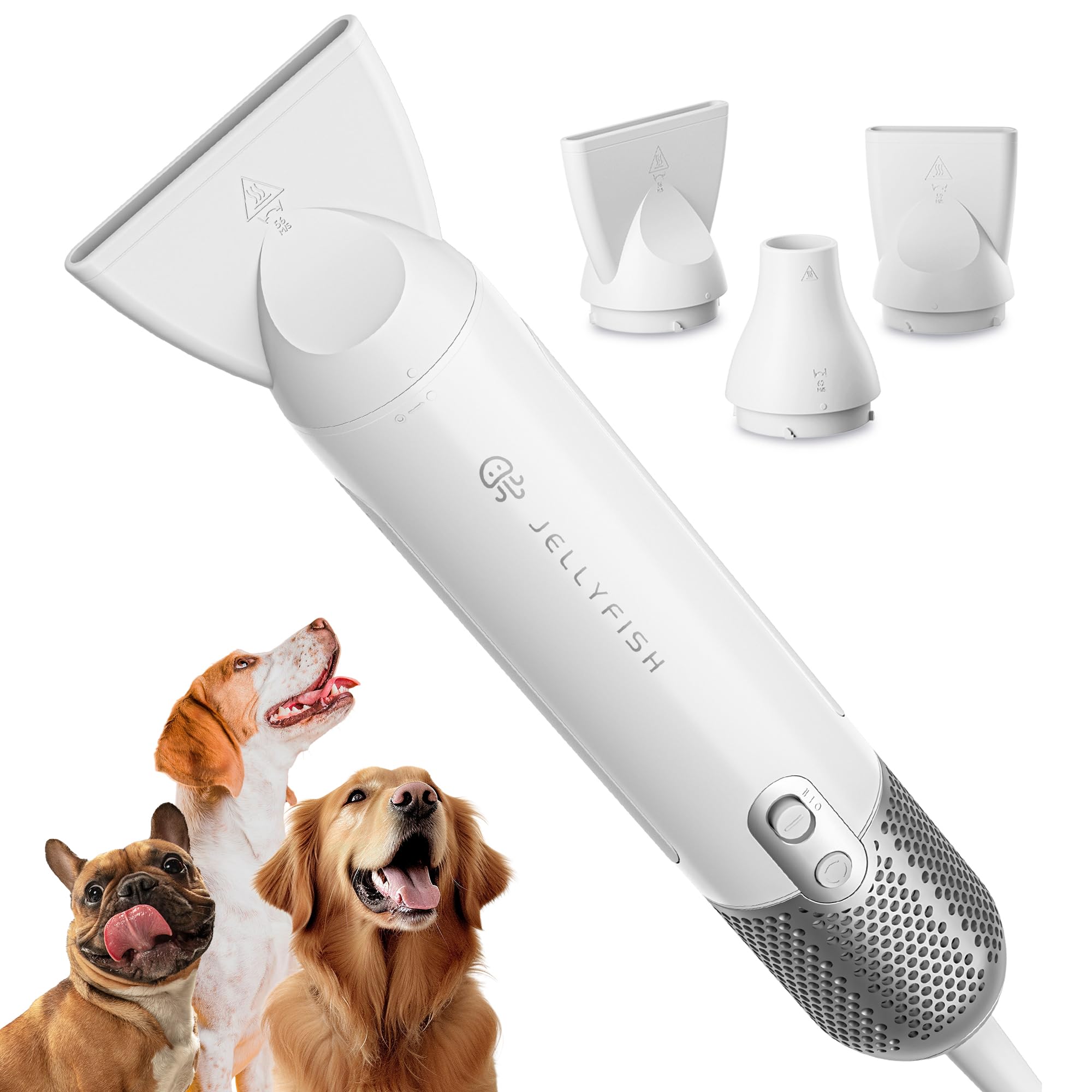 Jellyfishペットドライヤー ペットグルーミング用の犬ドライヤー 高速ペットブロワー 小型・コンパクト 0.5キログラムの軽量ポータブル 犬・猫用ドライヤー 時短・速乾 温度風量調節可能 3種ノズル付き 家庭用および旅行用【PSE認証】