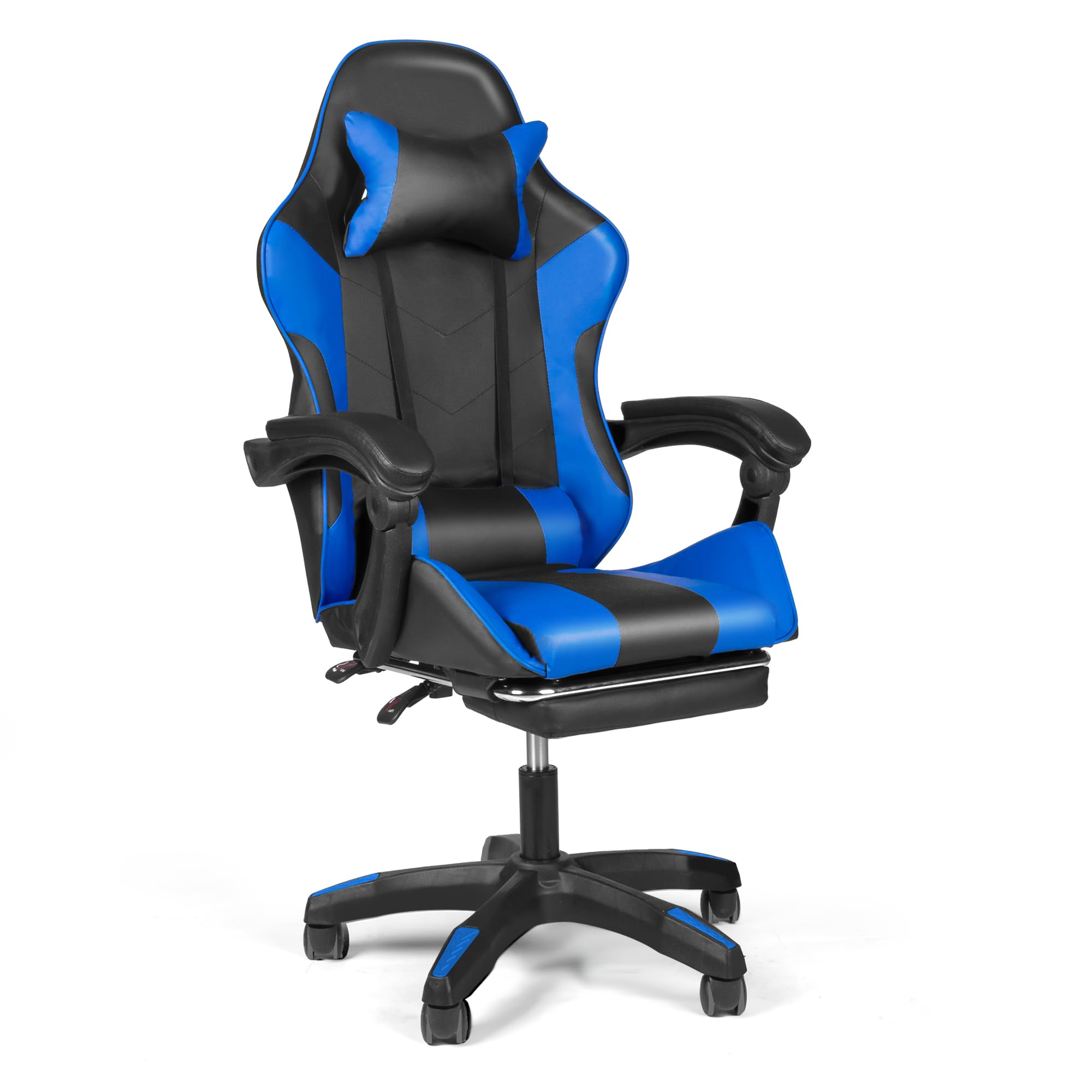 DoubleTT ゲーミングチェア ゲーム用チェア オフィスチェア デスクチェア パソコンチェア オットマン付き 人間工学 １６５度リクライニング機能 ハイバック テレワーク椅子 PCチェア (ブルー-1)