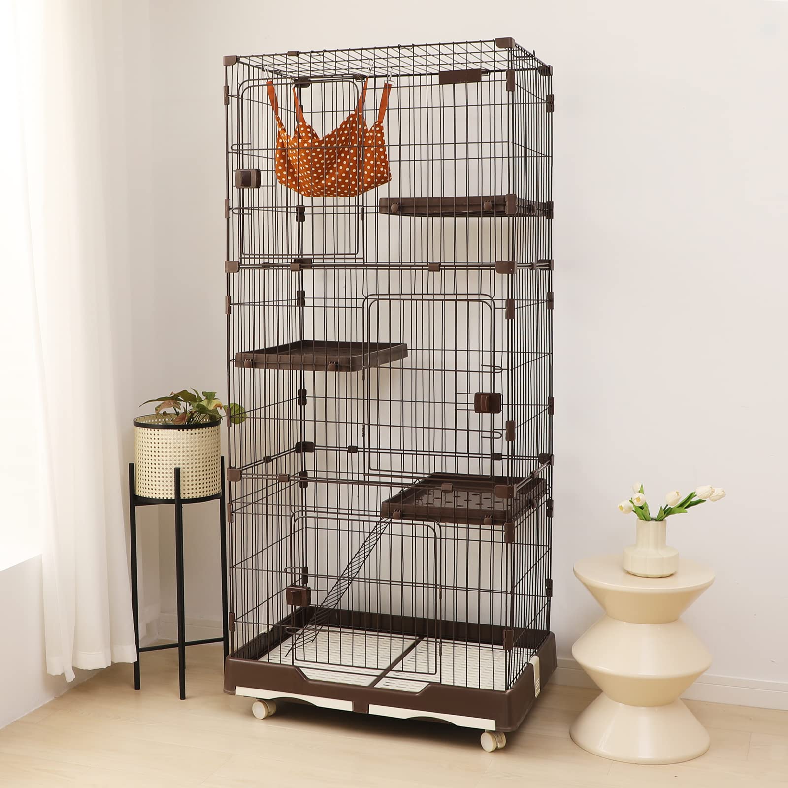 PETTOM 猫ケージ キャットケージ ケージ 幅82cm 2/3段 ペット 猫 キャットゲージ キャット タワー 収納 キャスター 付 脱走防止扉 頑丈 檻 ねこ ネコケージ コンパクト ハンモック 多頭飼い (三段（82*57*179CM）)