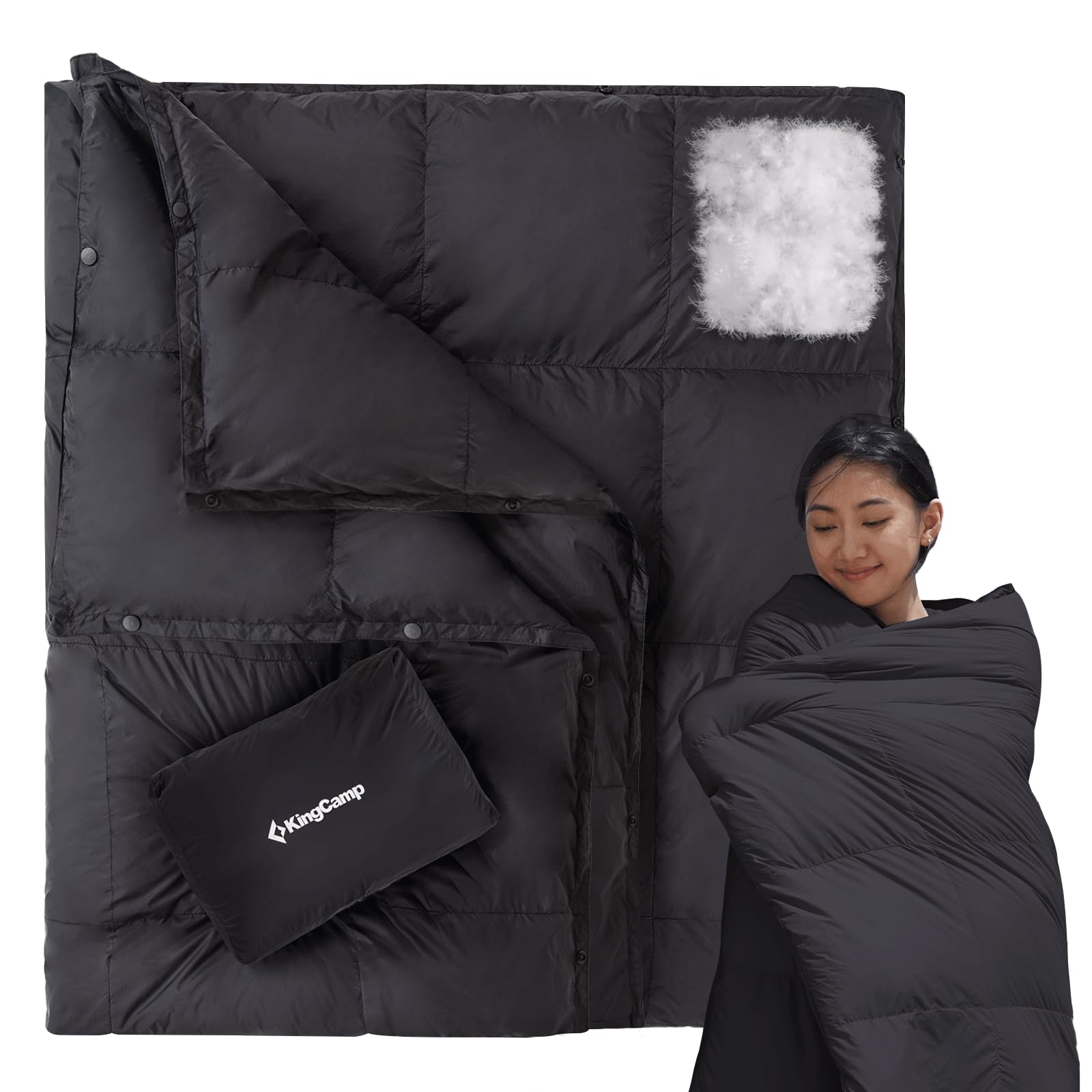 【2026新登場】KingCamp ダウンブランケット 冬用 FP650 保温 軽量 コンパクト キャンプ 175&times;135cm ブランケット 膝掛け ダウンケット 連結可能 コンパクト 車中泊 室内 防災 登山 旅行 ブラック｜RENEW